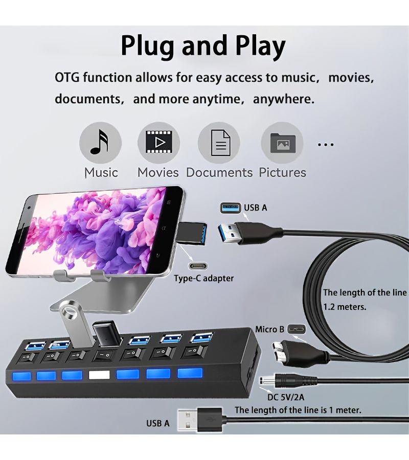 موزع USB 3.0 بـ 7 منافذ مع 4 عبوات ومفاتيح مستقلة ومؤشرات LED - Image 5