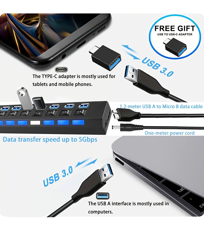موزع USB 3.0 بـ 7 منافذ مع 4 عبوات ومفاتيح مستقلة ومؤشرات LED - Image 3
