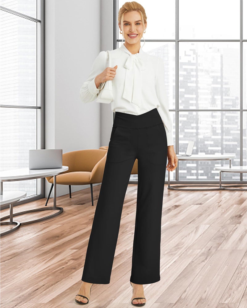 G4Free Wide Leg Sweat Pants Yoga Pants for Women Stretch Work Pants with Pockets Flare Dress Pants Cross Waist Casual Pants (Black,L,Short) - Image 4