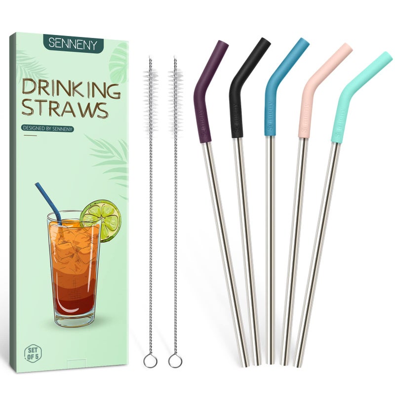 Senneny Senneny Set of 5 Stainless Steel Straws with Silicone Flex Tips Elbows Cover 2 Cleaning Brushes and 1 Portable Bag Included Silver 8mm diameter 