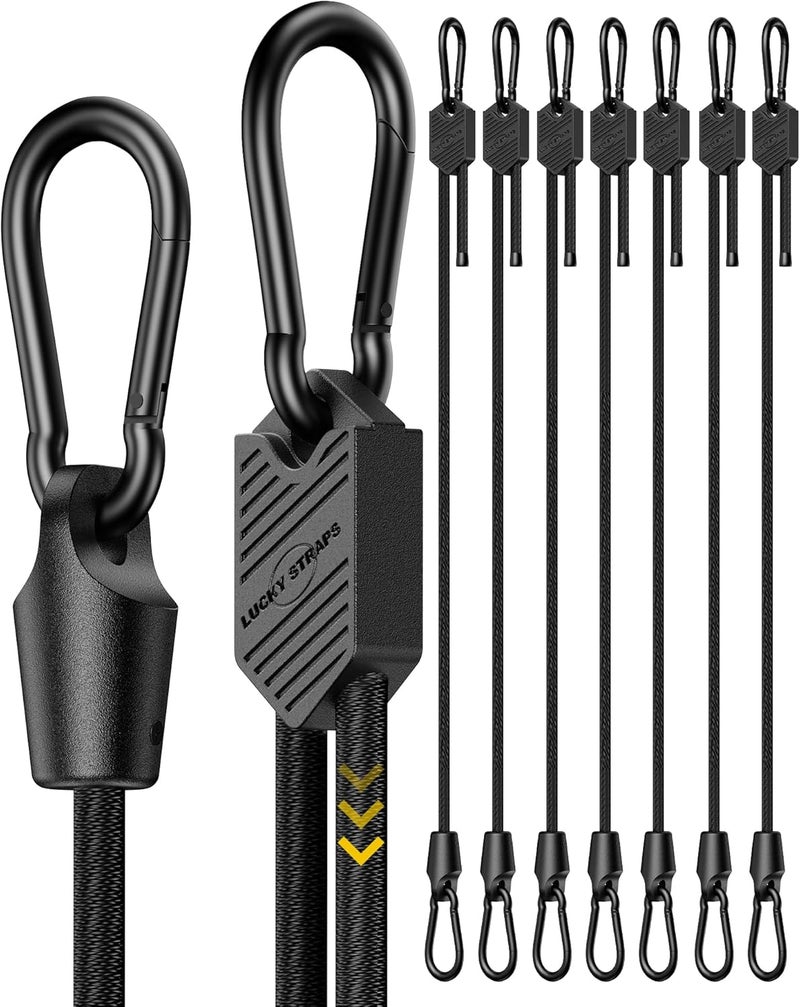 LuckyStraps 8 Pcs 36 Inch Adjustable Carabiner Bungee Cords with Hooks, Easy to Adjust from 7" to 36", Black Bungee Straps with UV-Resistance & Superior Elasticity for Cargo, Bike, Luggage, Carts, Truck, etc Widely used design - Image 1
