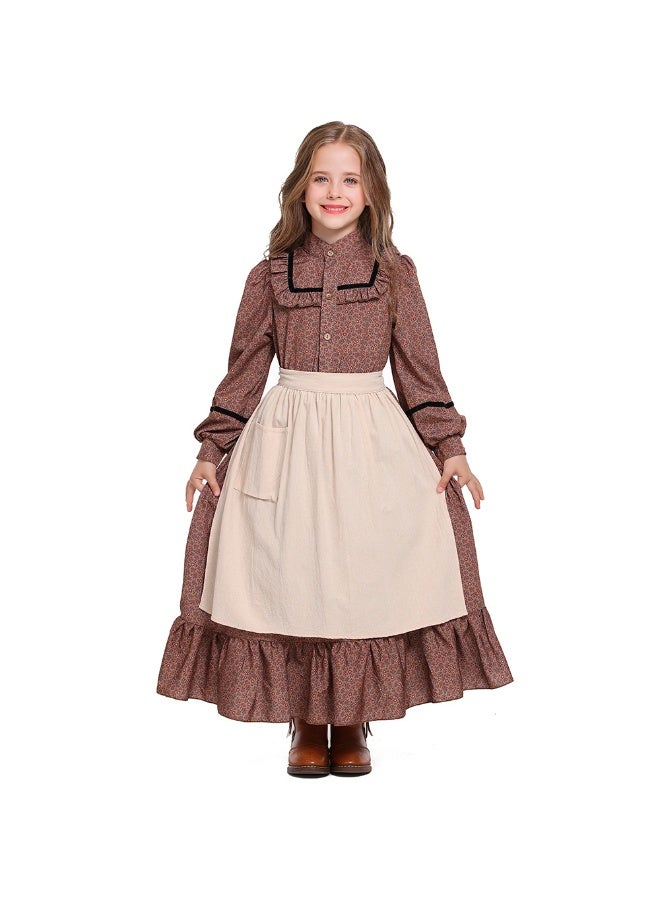 NIBEMINENT A long dress of a colonial girl grandma with a brown floral scarf - Image 1