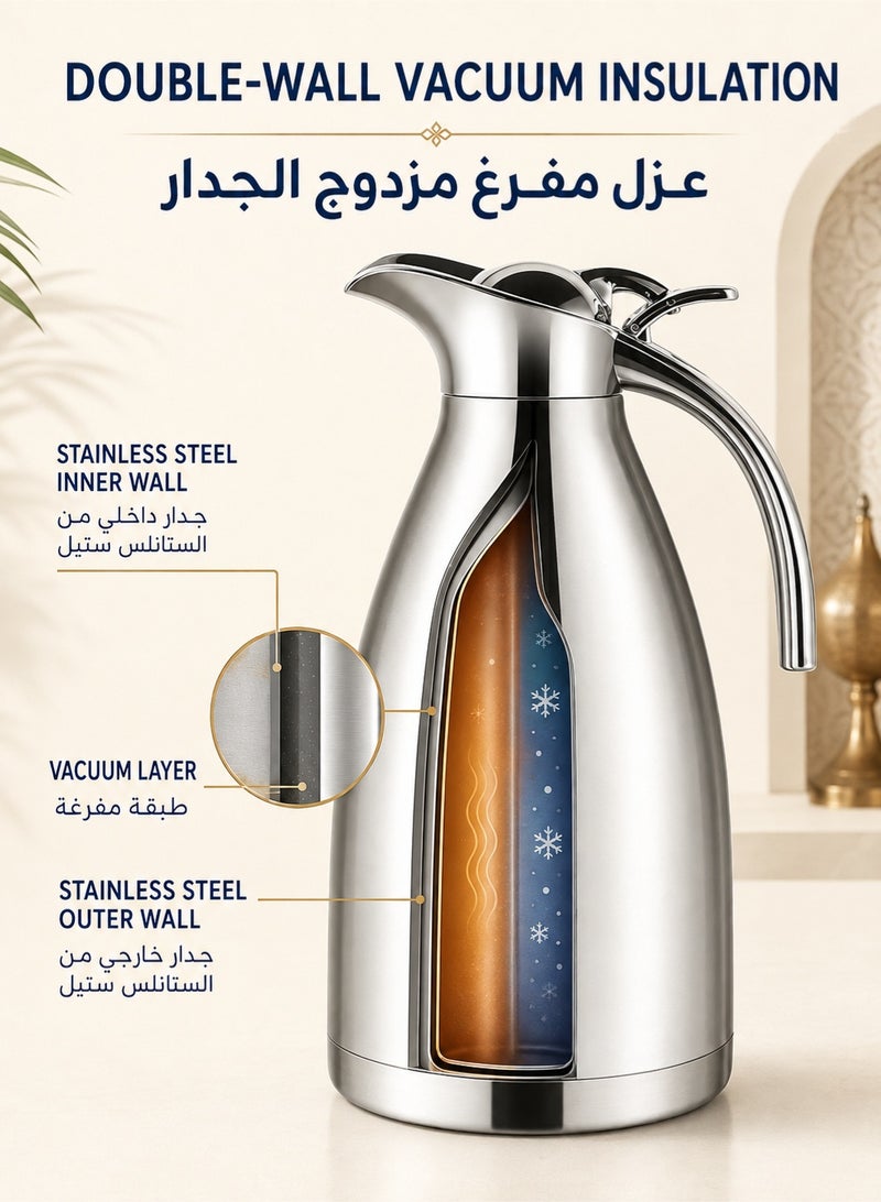 موندا إبريق قهوة حراري مزدوج الجدار من الفولاذ المقاوم للصدأ سعة 2.0 لتر، مع إمكانية الاحتفاظ بالحرارة والبرودة لمدة 24 ساعة، مناسب للمطاعم المنزلية والفنادق بسعة كبيرة - Image 3