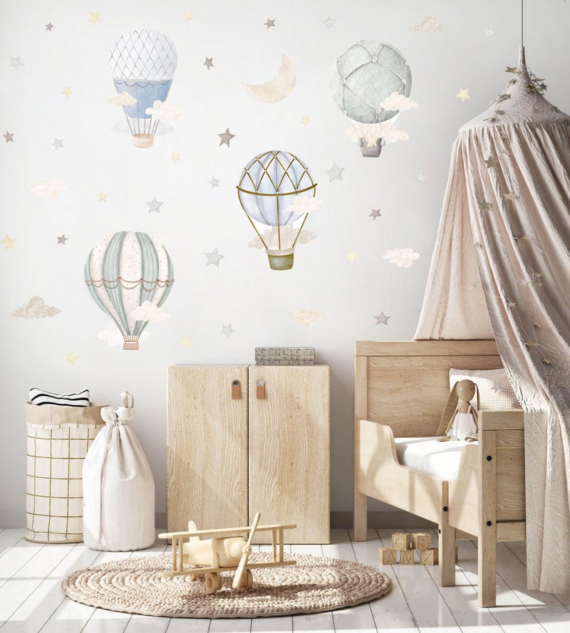 YIMEHDAN Watercolor Hot Air Balloon Wall Decals, Stars Clouds Balloon Vinyl Wall Stickers, Peel and Stick Colorful Artwork for Nursery Bedroom Toddler Room Playroom Decor - Image 2