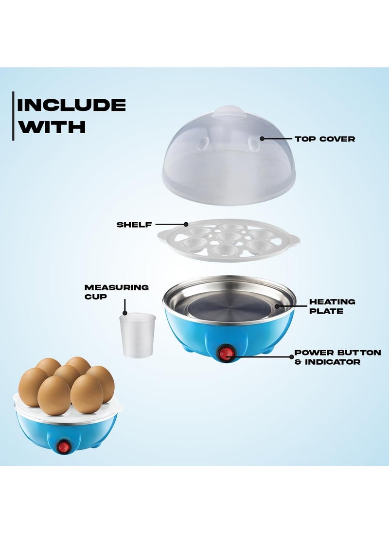 Electric Automatic Egg Boiler - 7-Egg Poacher for Steaming, Cooking, Boiling, and Frying (350 Watts,Blue)