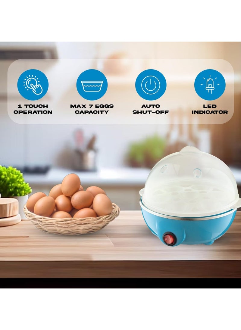 Electric Automatic Egg Boiler - 7-Egg Poacher for Steaming, Cooking, Boiling, and Frying (350 Watts,Blue)
