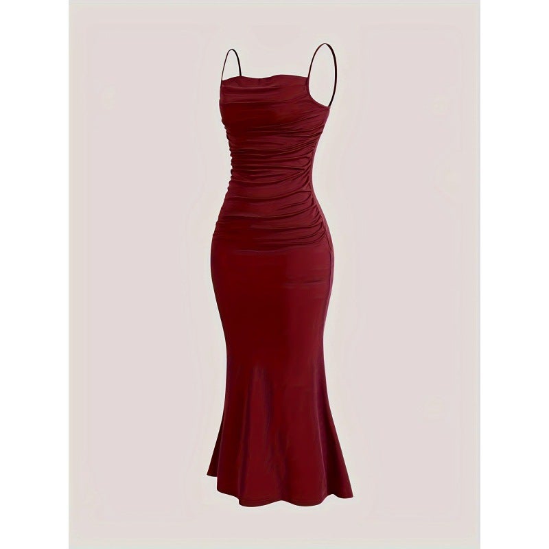Real shot summer new solid color folds waist thin bag hip fish tail sling dress European station explosion Red