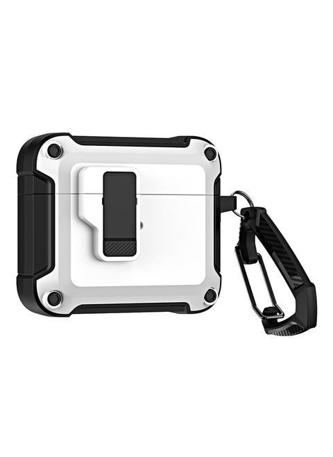 For AirPods 4 Case Cover (2024) ,Rugged Armor Shockproof Hard Shell Protection Shockproof Case with Secure Lock Clip Case Cover With Keychain- White