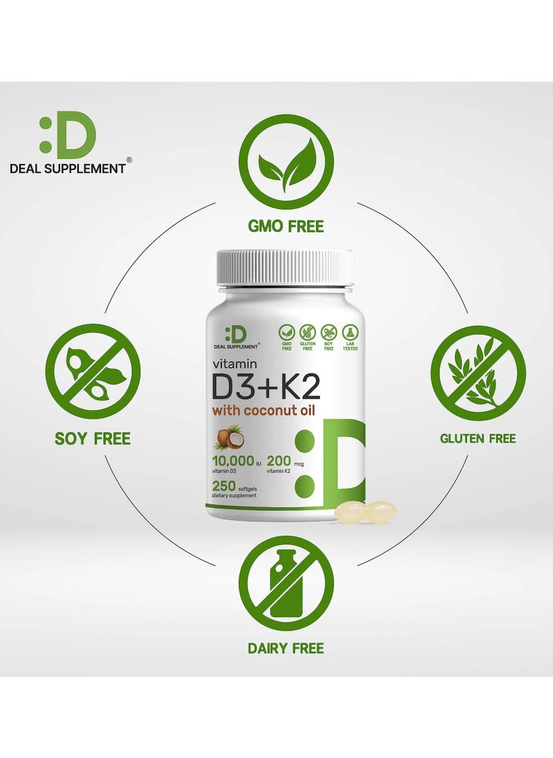 DEAL SUPPLEMENT - فيتامين D3 10,000 وحدة دولية + K2 MK7 200 ميكروجرام، مملوء بزيت جوز الهند البكر، 250 كبسولة هلامية، فيتامين D وK مزدوج القوة، يعزز صحة القلب والعظام والأسنان - سهل البلع جدًا - Image 1