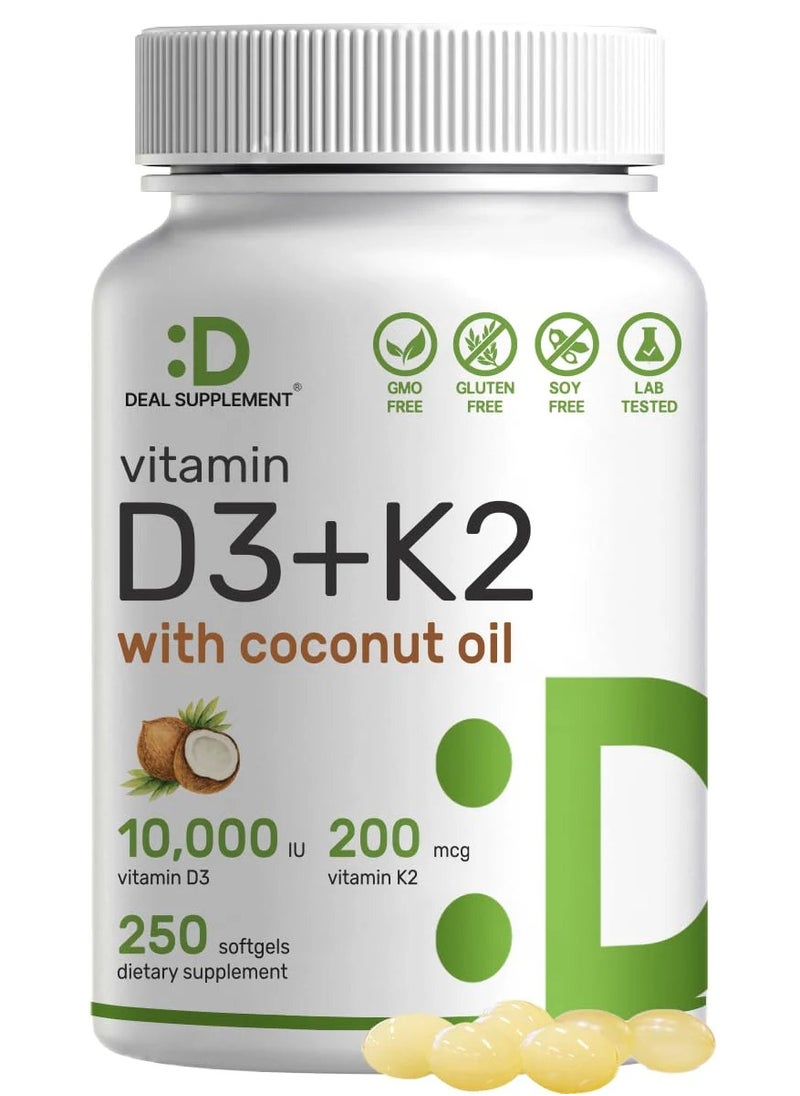 DEAL SUPPLEMENT - فيتامين D3 10,000 وحدة دولية + K2 MK7 200 ميكروجرام، مملوء بزيت جوز الهند البكر، 250 كبسولة هلامية، فيتامين D وK مزدوج القوة، يعزز صحة القلب والعظام والأسنان - سهل البلع جدًا - Image 1