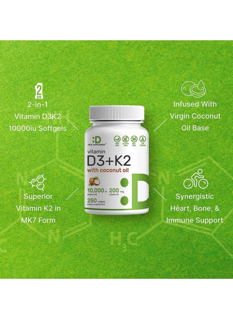 DEAL SUPPLEMENT - فيتامين D3 10,000 وحدة دولية + K2 MK7 200 ميكروجرام، مملوء بزيت جوز الهند البكر، 250 كبسولة هلامية، فيتامين D وK مزدوج القوة، يعزز صحة القلب والعظام والأسنان - سهل البلع جدًا - Image 1