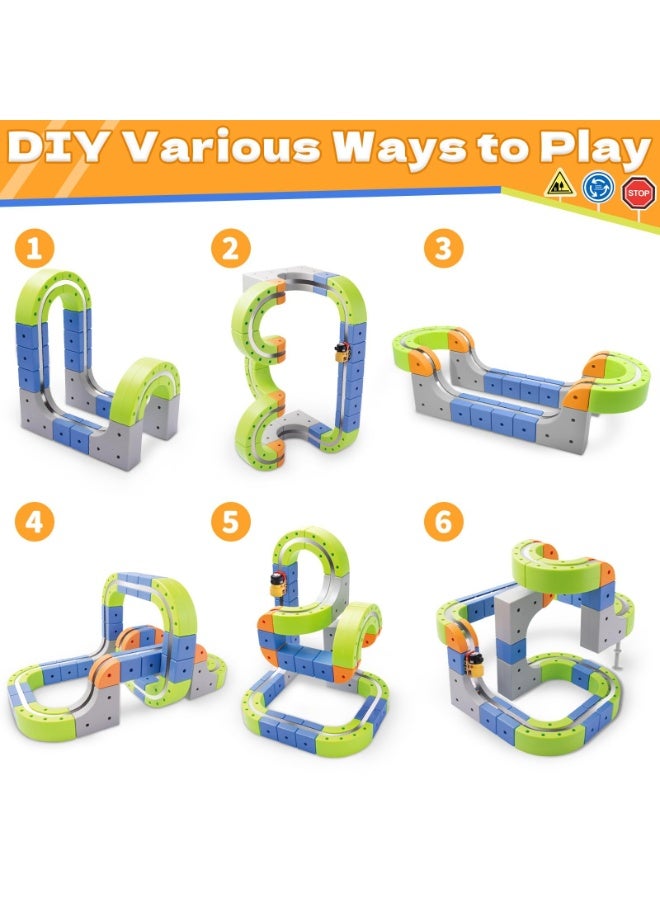 مجموعة مسار سباق مغناطيسي مرن مع قطار كهربائي، وإشارات مرور، ومسار سيارات ألعاب للأطفال - 69 قطعة - Image 4