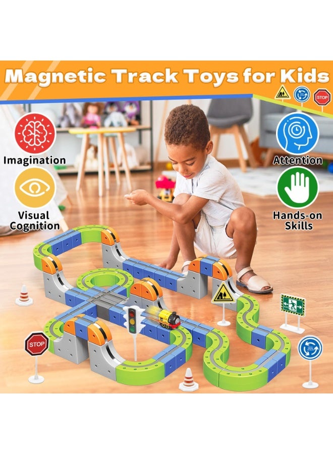 مجموعة مسار سباق مغناطيسي مرن مع قطار كهربائي، وإشارات مرور، ومسار سيارات ألعاب للأطفال - 69 قطعة - Image 3