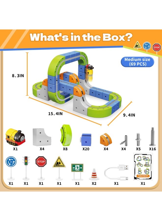 مجموعة مسار سباق مغناطيسي مرن مع قطار كهربائي، وإشارات مرور، ومسار سيارات ألعاب للأطفال - 69 قطعة - Image 2