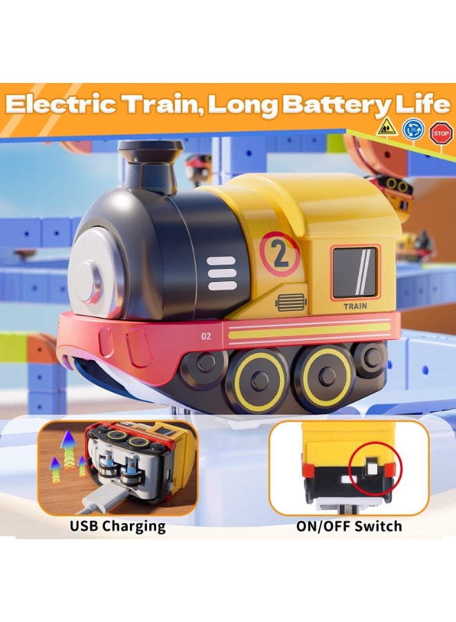 مجموعة مسار سباق مغناطيسي مرن مع قطار كهربائي، وإشارات مرور، ومسار سيارات ألعاب للأطفال - 69 قطعة - Image 5