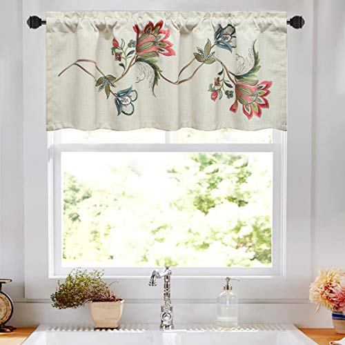 VOGOL Linen Valances for Living Room, Vintage Floral Valance for Bedroom, Short Decorative Rod Pocket Curtains for Dining Room, 52W x 18L, One Panel, Flower Embroidery - Image 3