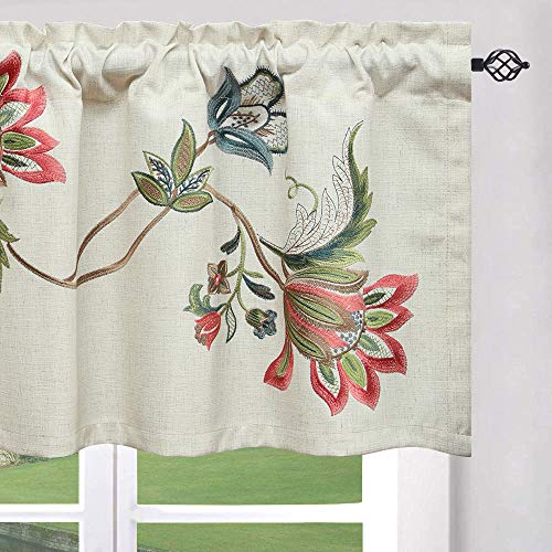 VOGOL Linen Valances for Living Room, Vintage Floral Valance for Bedroom, Short Decorative Rod Pocket Curtains for Dining Room, 52W x 18L, One Panel, Flower Embroidery - Image 1