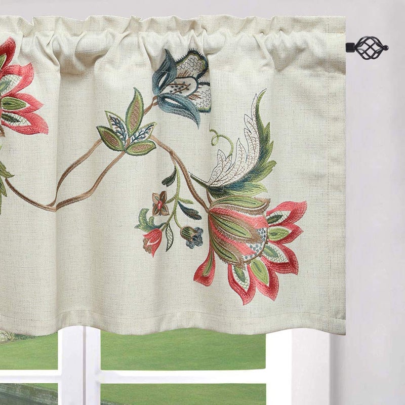 VOGOL Linen Valances for Living Room, Vintage Floral Valance for Bedroom, Short Decorative Rod Pocket Curtains for Dining Room, 52W x 18L, One Panel, Flower Embroidery - Image 2
