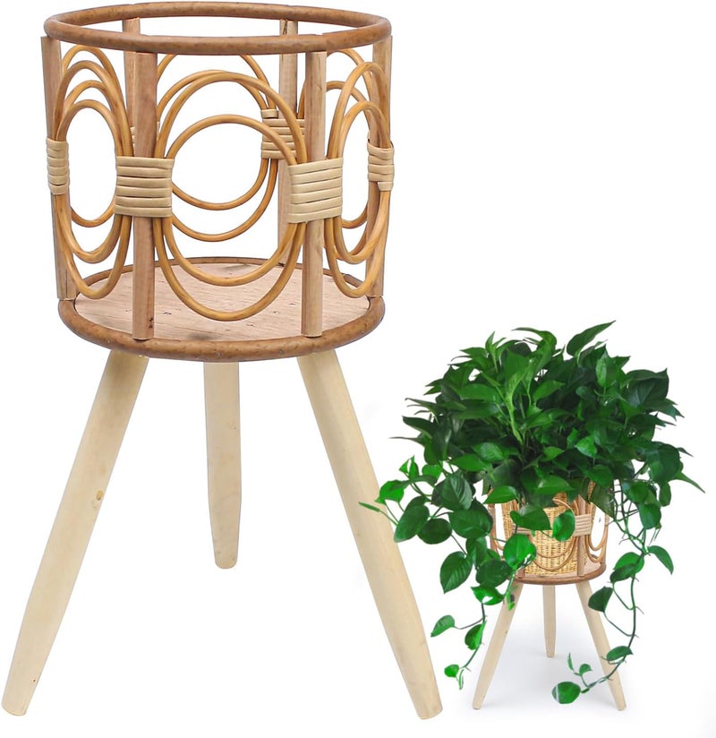 Angju Rattan Plant Stand, Wicker Plants Baskets Indoor, Handmade Woven Wooden Planter with Legs, Boho Style Hollow Flowers Display Rack Straw Standing Floor Stool Shelf for Pot Holder - Image 1