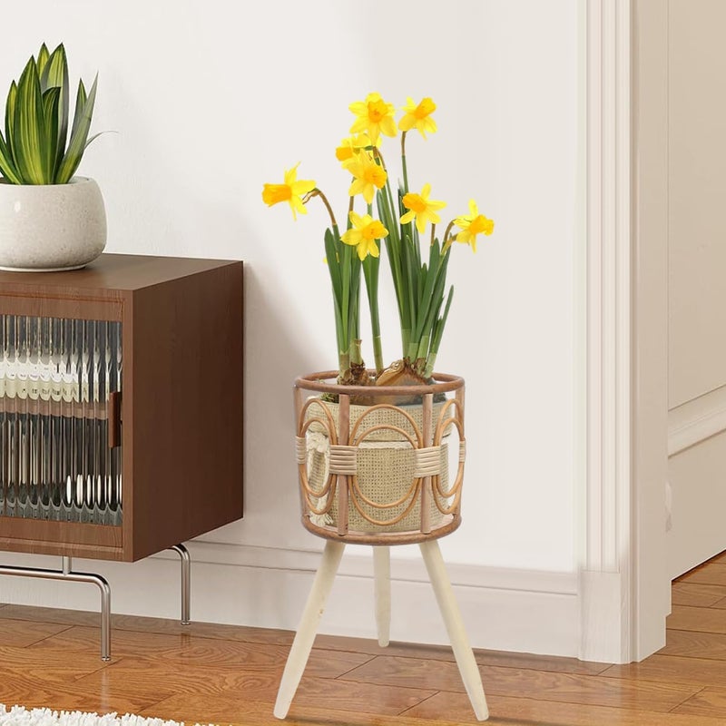Angju Rattan Plant Stand, Wicker Plants Baskets Indoor, Handmade Woven Wooden Planter with Legs, Boho Style Hollow Flowers Display Rack Straw Standing Floor Stool Shelf for Pot Holder - Image 3