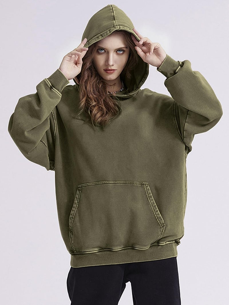 KEEPSHOWING Mens Oversized Hoodies Vintage Hoodie Couples Pullover Acid Wash Hoodies for Men Streetwear Sweatshirts(ArmyGreen(hooded) XL) - Image 3