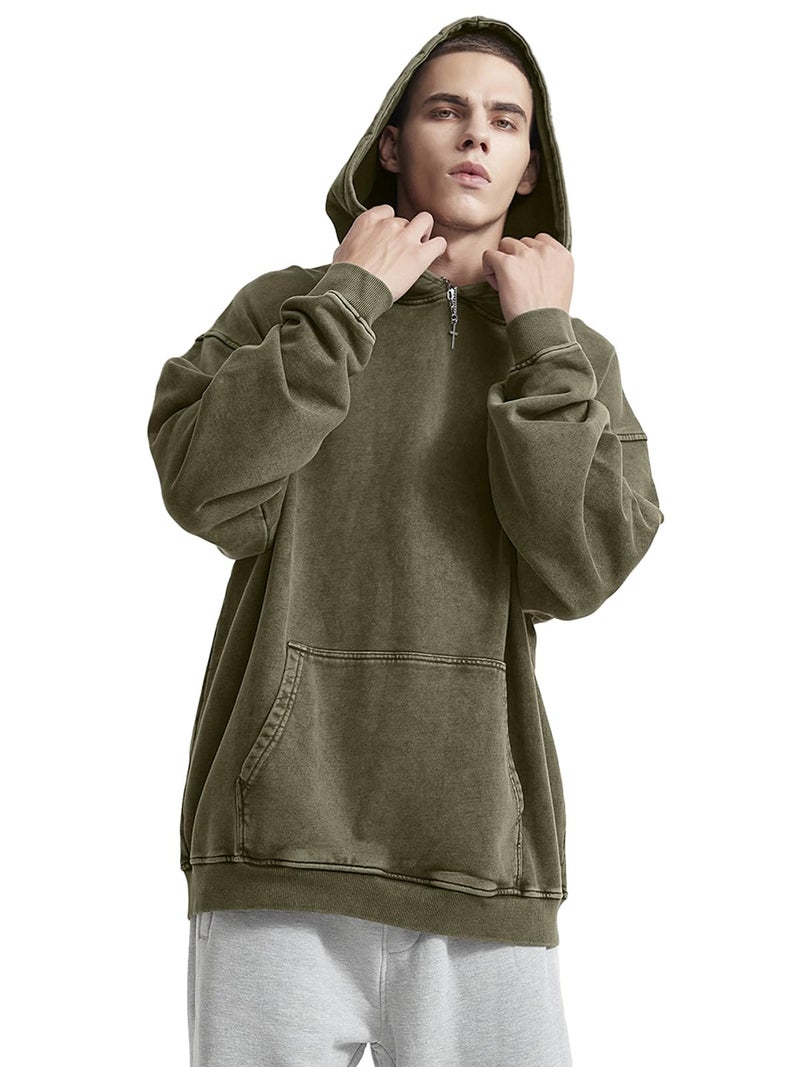 KEEPSHOWING Mens Oversized Hoodies Vintage Hoodie Couples Pullover Acid Wash Hoodies for Men Streetwear Sweatshirts(ArmyGreen(hooded) XL) - Image 2