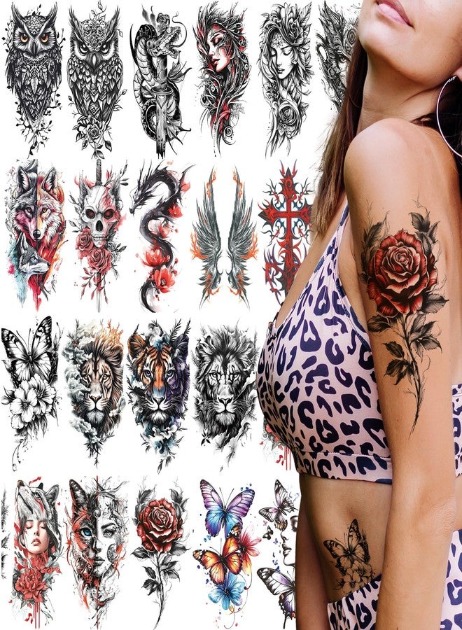 Kotbs 21-Sheet Temporary Tattoos - Half Arm Fake Tattoos for Men & Women - Owl, Snake, Tiger & Gothic Designs - Waterproof Bold Body Art for Parties & Festivals - Image 1