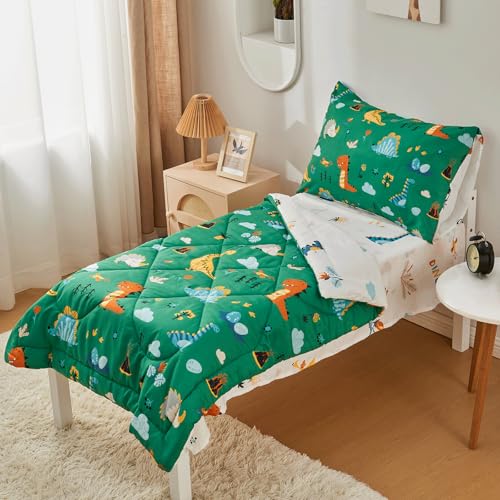 beeweed 4 Pieces Dinosaur Toddler Bedding Set Boys Girls 2 Sides Design Bed in a Bag Comforter Set Includes 1 Comforter 1 Fitted Sheet 1 Flat Sheet and 1 Reversible Pillowcase