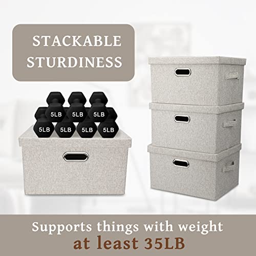 Graciadeco Medium 15" 21 Quart Collapsible Stackable Storage Bins with Lids, 3 Packs Beige Foldable Fabric Closet Boxes Heavy-duty Linen Cube Baskets Container for Bedroom Office (15 x 11 x 8) - Image 4