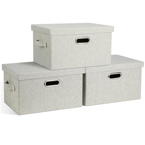 Graciadeco Medium 15" 21 Quart Collapsible Stackable Storage Bins with Lids, 3 Packs Beige Foldable Fabric Closet Boxes Heavy-duty Linen Cube Baskets Container for Bedroom Office (15 x 11 x 8) - Image 1
