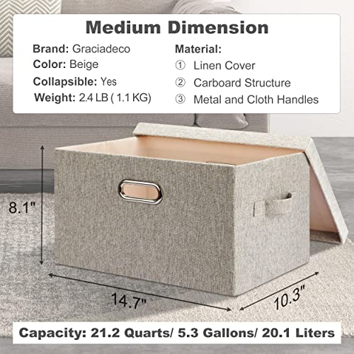 Graciadeco Medium 15" 21 Quart Collapsible Stackable Storage Bins with Lids, 3 Packs Beige Foldable Fabric Closet Boxes Heavy-duty Linen Cube Baskets Container for Bedroom Office (15 x 11 x 8) - Image 2