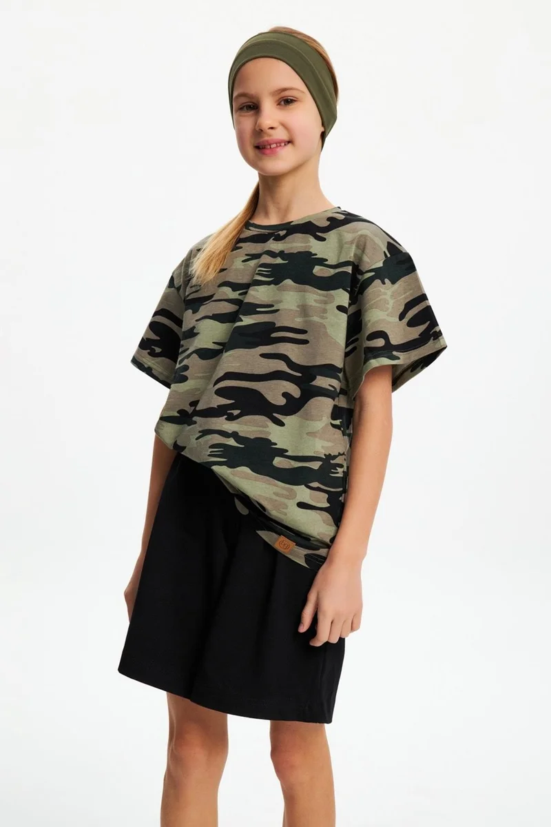 بيبيجيز Khaki-Camouflage Girls Cotton Combed T-Shirt Bandana Set of 2 - Sports Comfortable Best Of Collection 5