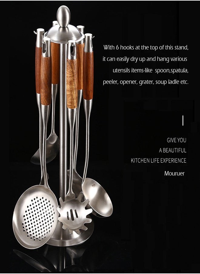 Generic - Kitchen Countertop 360 Degree Storage Stand Holder, Rotatable Cooking Utensil Hanger Rack, Cookware Tool Organizer Shelf – for Hanging Spatula Shovel Spoon Ladle -Stainless Steel, 6 Hooks - Image 1