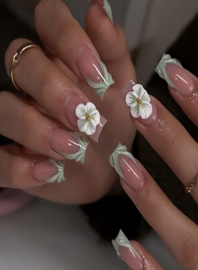 TOGZOM 24Pcs Flower Press on Nails Medium Square Fake Nails 3D Floral Water Ripple Design Stick on Nails Green French Tip Nails Press Ons Summer Reusable Acrylic Glue on Nail for Women Manicure 24Pcs - Image 1
