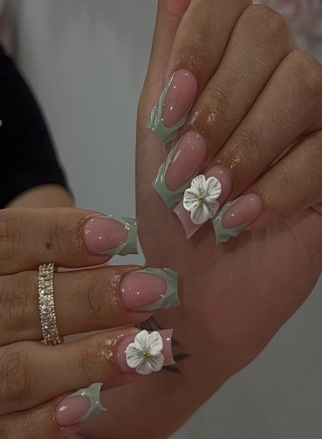 TOGZOM 24Pcs Flower Press on Nails Medium Square Fake Nails 3D Floral Water Ripple Design Stick on Nails Green French Tip Nails Press Ons Summer Reusable Acrylic Glue on Nail for Women Manicure 24Pcs - Image 4