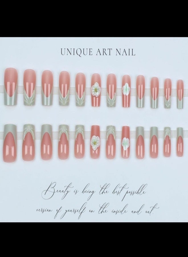 TOGZOM 24Pcs Flower Press on Nails Medium Square Fake Nails 3D Floral Water Ripple Design Stick on Nails Green French Tip Nails Press Ons Summer Reusable Acrylic Glue on Nail for Women Manicure 24Pcs - Image 2
