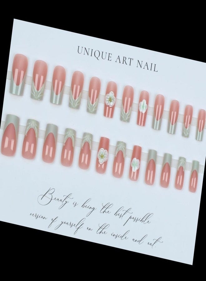 TOGZOM 24Pcs Flower Press on Nails Medium Square Fake Nails 3D Floral Water Ripple Design Stick on Nails Green French Tip Nails Press Ons Summer Reusable Acrylic Glue on Nail for Women Manicure 24Pcs - Image 3