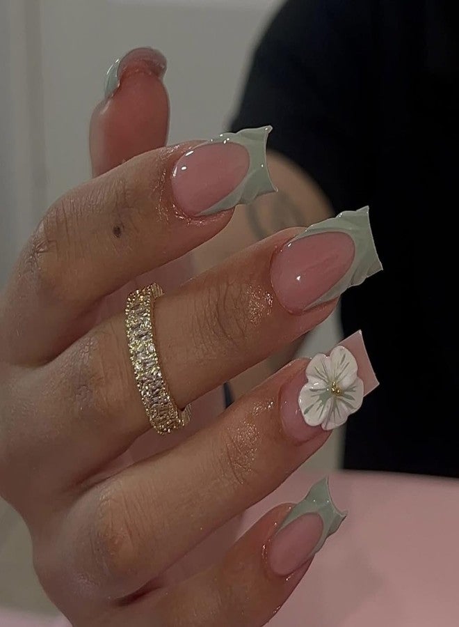 TOGZOM 24Pcs Flower Press on Nails Medium Square Fake Nails 3D Floral Water Ripple Design Stick on Nails Green French Tip Nails Press Ons Summer Reusable Acrylic Glue on Nail for Women Manicure 24Pcs - Image 5