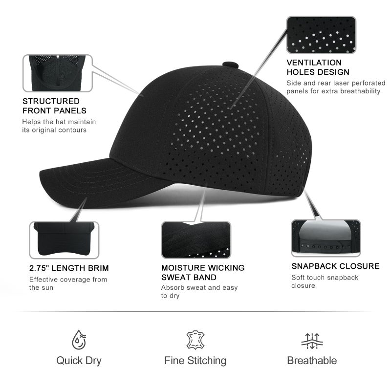 VOBOOM Men Quick Dry Baseball Cap Laser Cut Mesh Ball Curved Brim Snapback Hat (Black) - Image 5