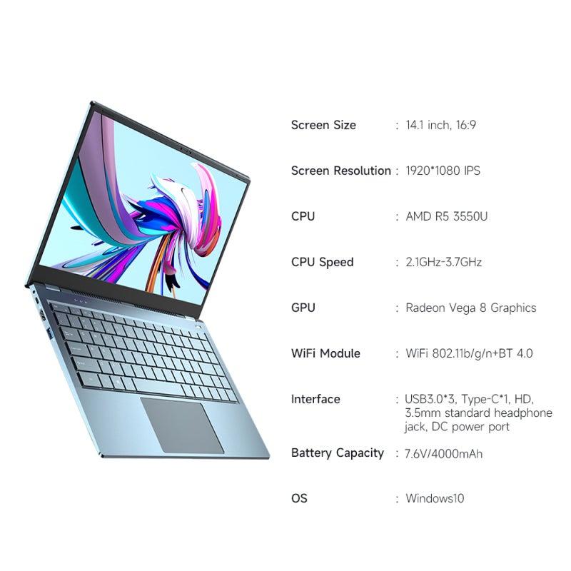 لابتوب بحجم 14.1 بوصة: شاشة IPS بدقة 1920*1080، مع معالج AMD R5 3550U عالي الأداء - استجابة سريعة، لابتوب محمول للعمل المكتبي والاستخدام اليومي - Image 2