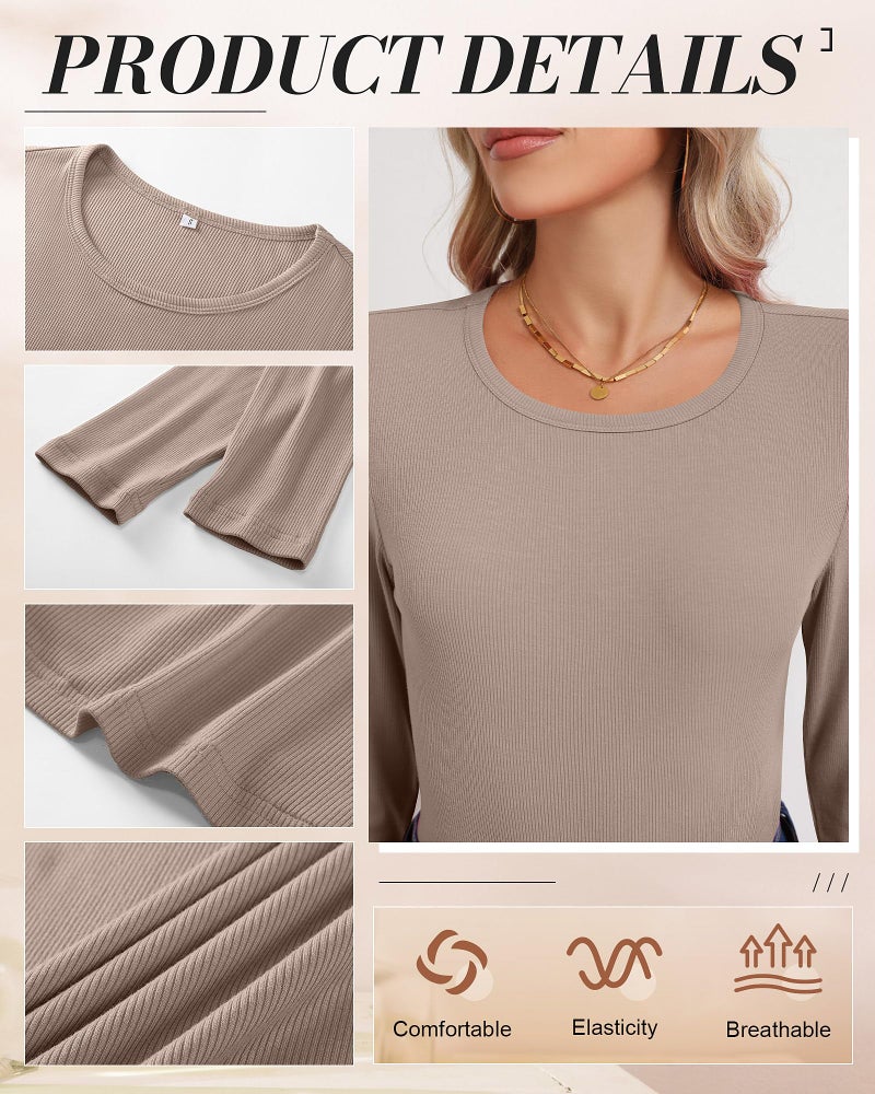 Ficerd 3 Pack Women's Ribbed Long Sleeve Tops, Crew Neck Slim Fit Knit Undershirts Basic Casual Stretch Layering Tee Shirts(Black, Khaki, White,Medium) - Image 5