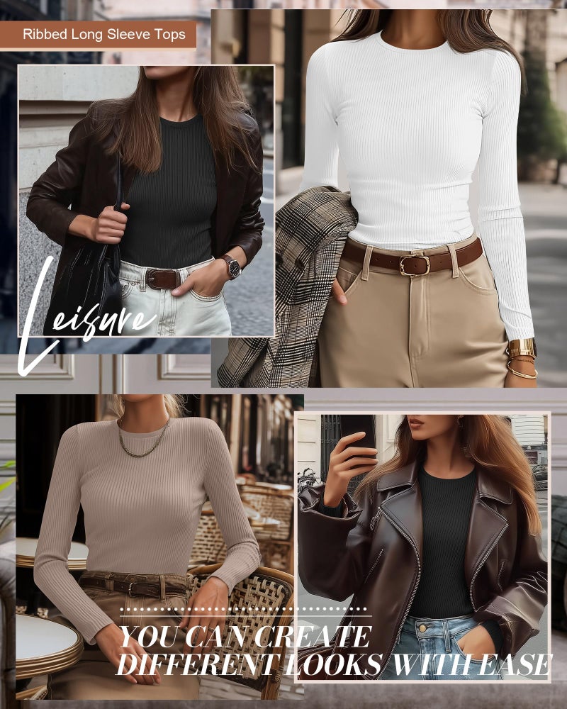 Ficerd 3 Pack Women's Ribbed Long Sleeve Tops, Crew Neck Slim Fit Knit Undershirts Basic Casual Stretch Layering Tee Shirts(Black, Khaki, White,Medium) - Image 4
