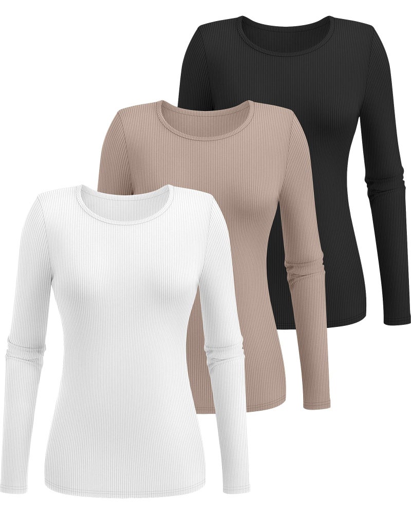 Ficerd 3 Pack Women's Ribbed Long Sleeve Tops, Crew Neck Slim Fit Knit Undershirts Basic Casual Stretch Layering Tee Shirts(Black, Khaki, White,Medium) - Image 3