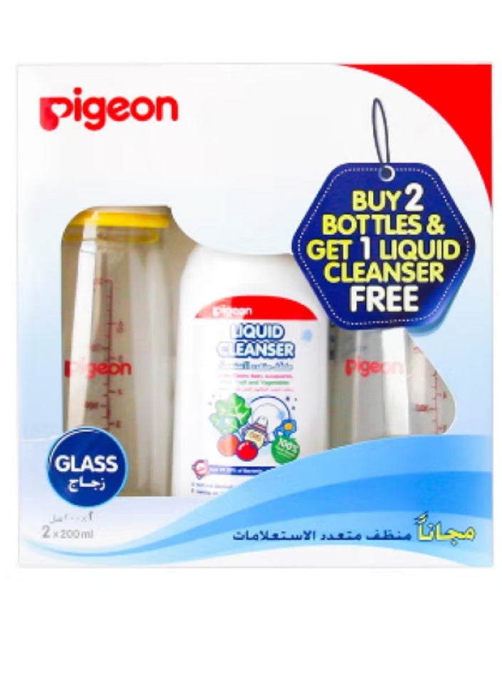 pigeon PIGEON BOTTLE GLASS--TWIN 200M +(LIQUID CLEANSER 200ML FREE) -100045 