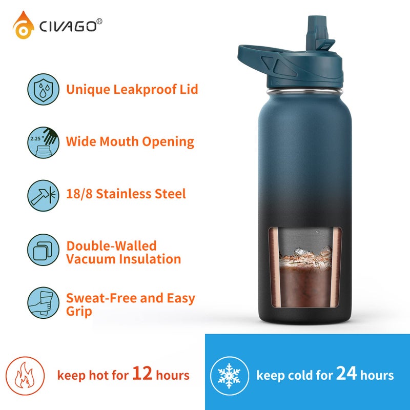 CIVAGO 32 oz Insulated Water Bottle With Straw, Stainless Steel Sports Water Cup Flask with 3 Lids (Straw, Spout and Handle Lid), Wide Mouth Travel Thermal Mug, Black - Image 3