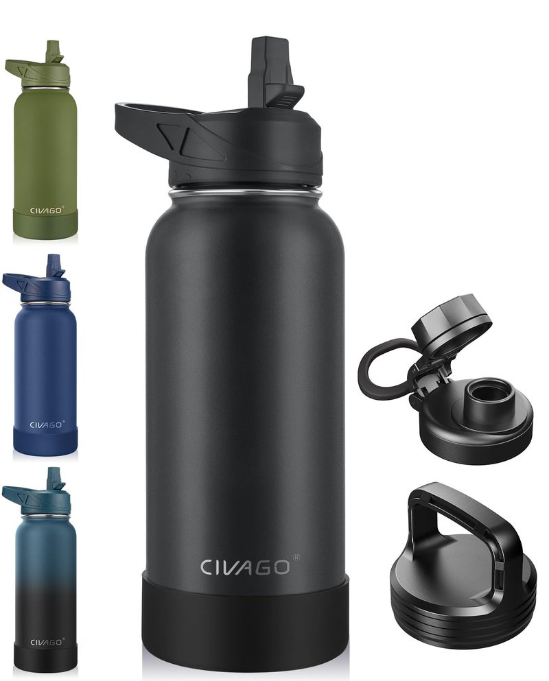 CIVAGO 32 oz Insulated Water Bottle With Straw, Stainless Steel Sports Water Cup Flask with 3 Lids (Straw, Spout and Handle Lid), Wide Mouth Travel Thermal Mug, Black - Image 1