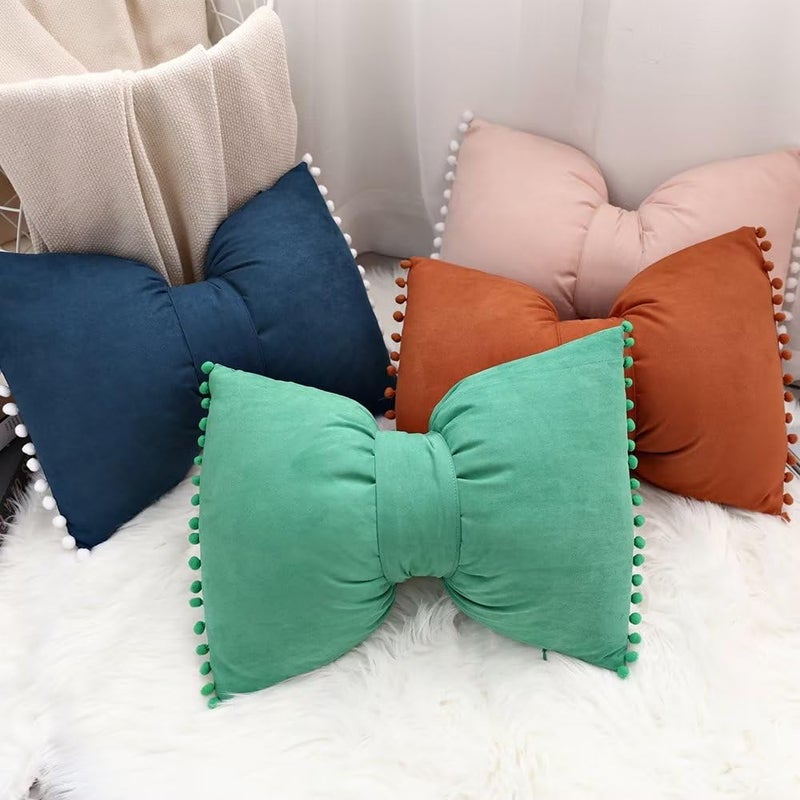 YDBDAT 14x20 Decorative Throw Pillow Covers with Pom Poms Cushion Case Lumbar Outdoor Bow Velvet Pillow Cases for Bed Sofa Couch Bench Car Set of 2 Dusty Pink x2 - Image 3