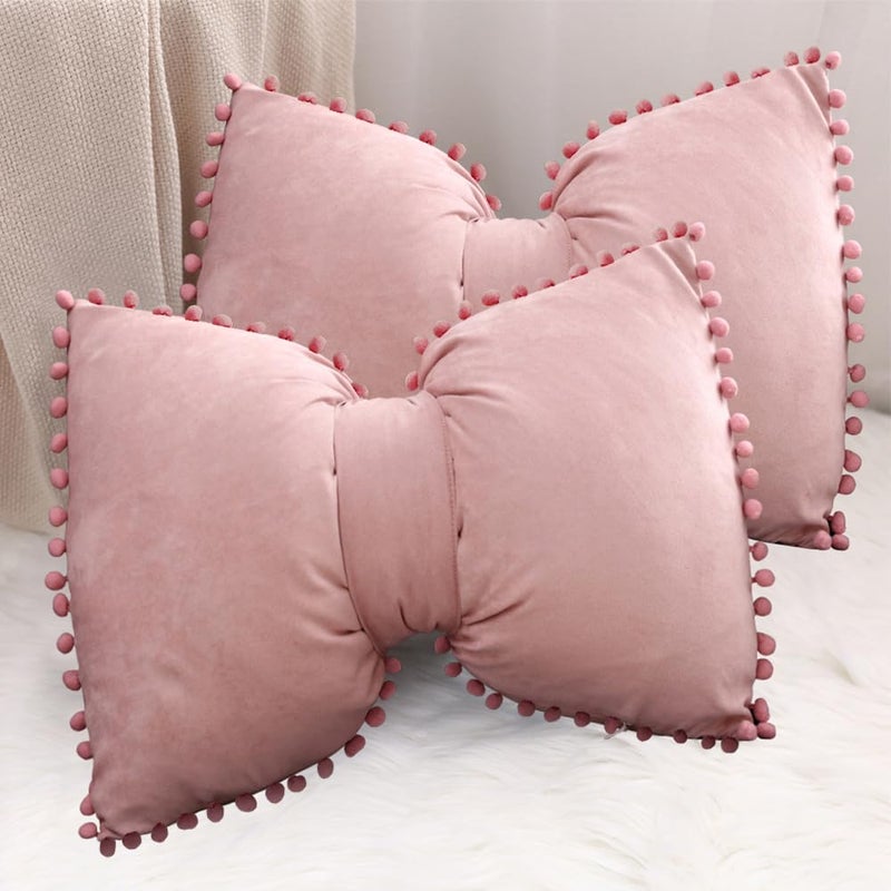 YDBDAT 14x20 Decorative Throw Pillow Covers with Pom Poms Cushion Case Lumbar Outdoor Bow Velvet Pillow Cases for Bed Sofa Couch Bench Car Set of 2 Dusty Pink x2 - Image 1