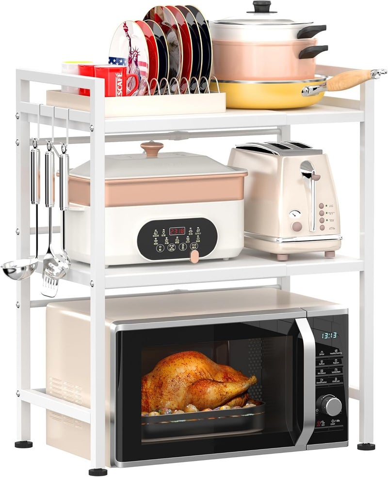 Pusdon Extendable Microwave Oven Rack, Heavy Duty Adjustable Microwave/Toaster Shelf(L15.7~23.6" xW12.6 xH30.7) Stand Kitchen Counter Top Organizer, 3-Tier with 3 Hooks, 160lbs Weight Capacity, White - Image 1