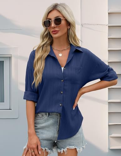 Neweek Women Casual Long Sleeve Button Up Shirt Lightweight Button Down Shirt Collared Blouses Summer Loose Beach Tops Navy - Image 3